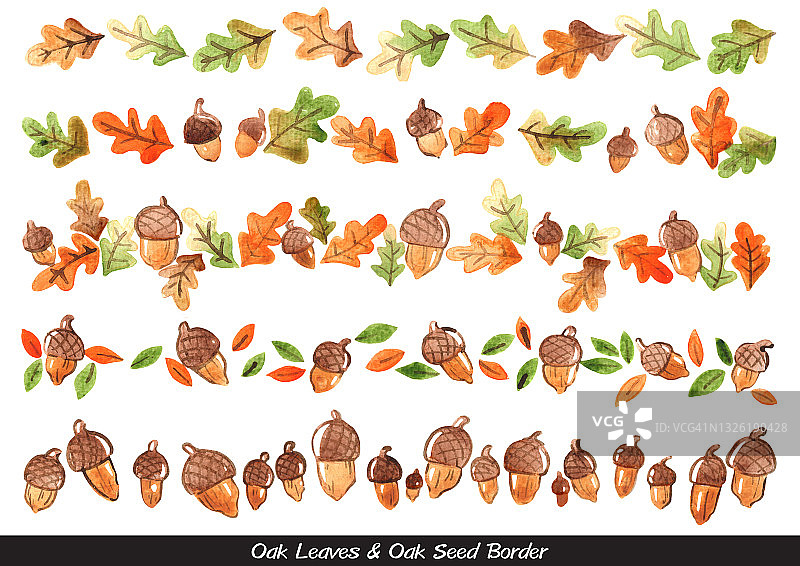 水彩手绘橡子叶片边框，秋季与感恩节装饰图片素材