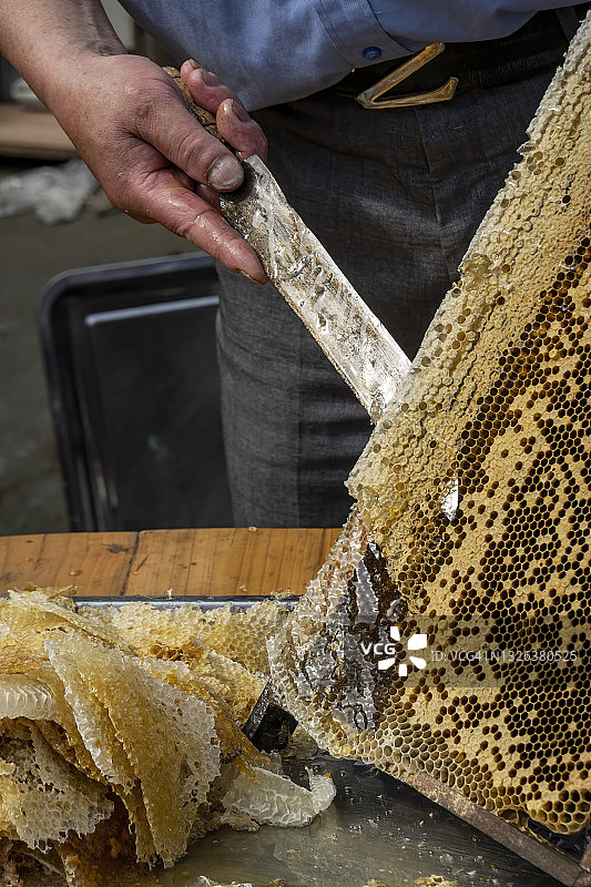 农民从木板上切割人工饲养的蜂箱图片素材
