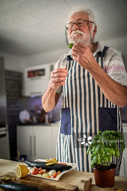 老年男人在厨房准备鱼图片素材