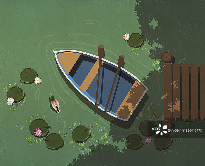 宁静湖面上带有睡莲的划艇和船桨图片素材