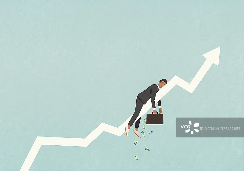 疲惫的商人拿着钱箱睡在上升的箭头上图片素材