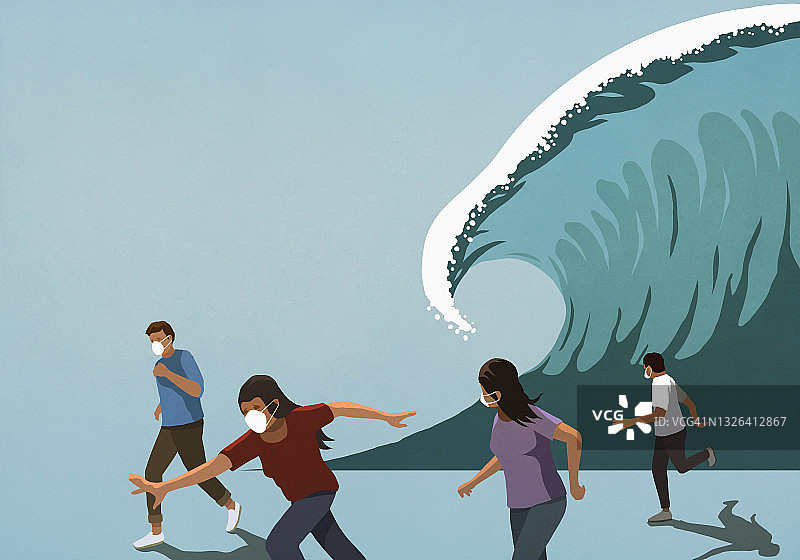 戴着口罩逃离巨浪的人们图片素材