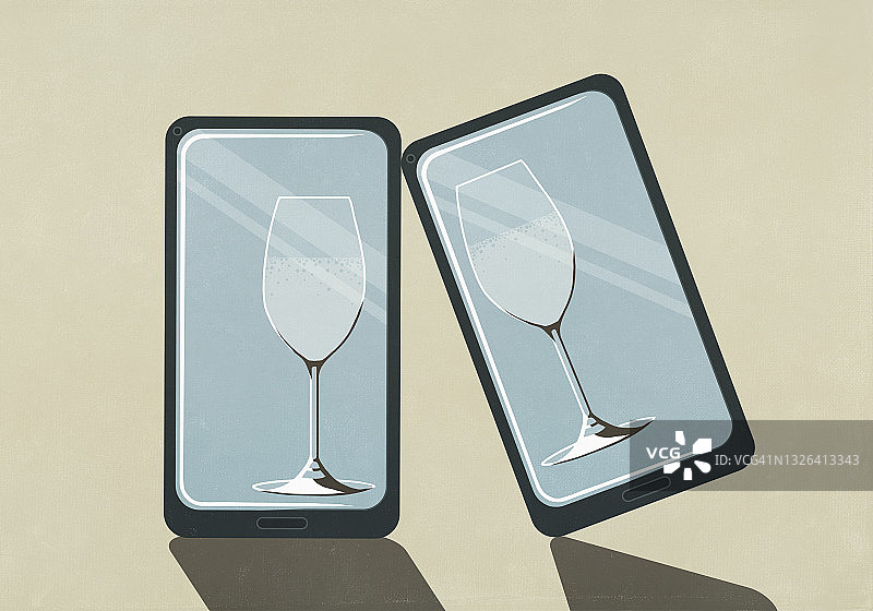 设备屏幕上的虚拟香槟酒杯图片素材