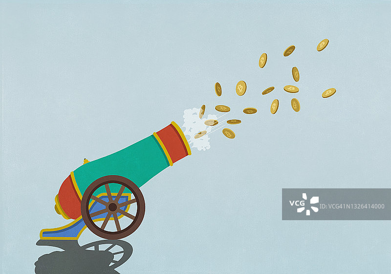 从爆炸的加农炮中飞出的硬币图片素材