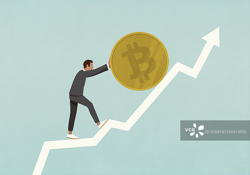 商人推动比特币数据箭头向上图片素材