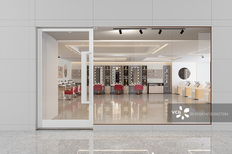 美发美容沙龙的外部，配有粉色椅子、镜子和瓷砖地板图片素材