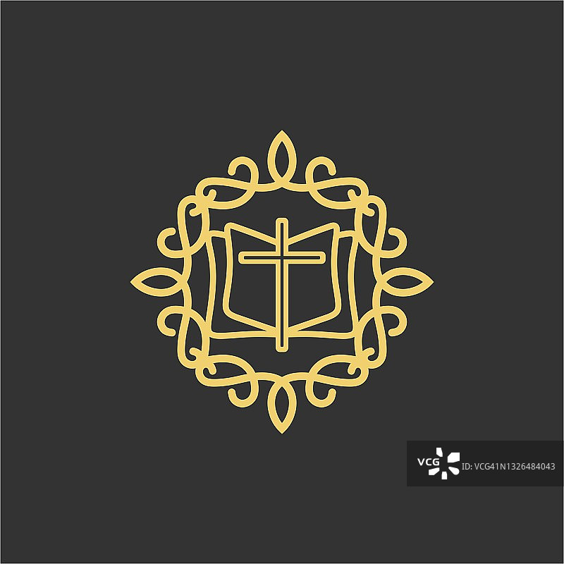 基督教插画：教堂标志，耶稣十字架与圣经图片素材