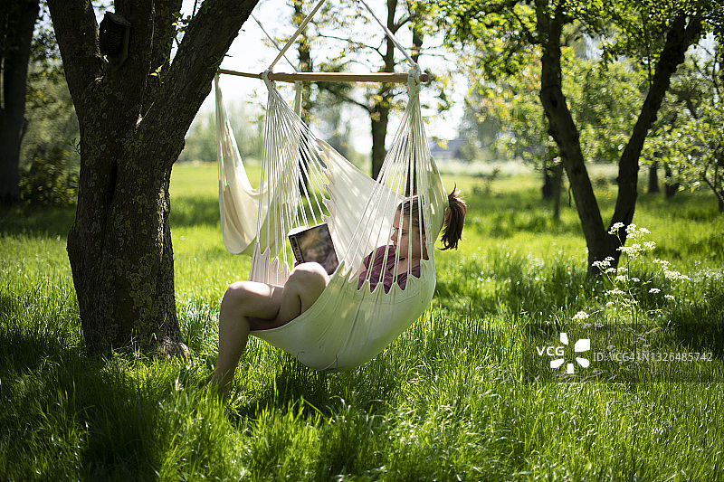在果园吊椅上看书的少女图片素材