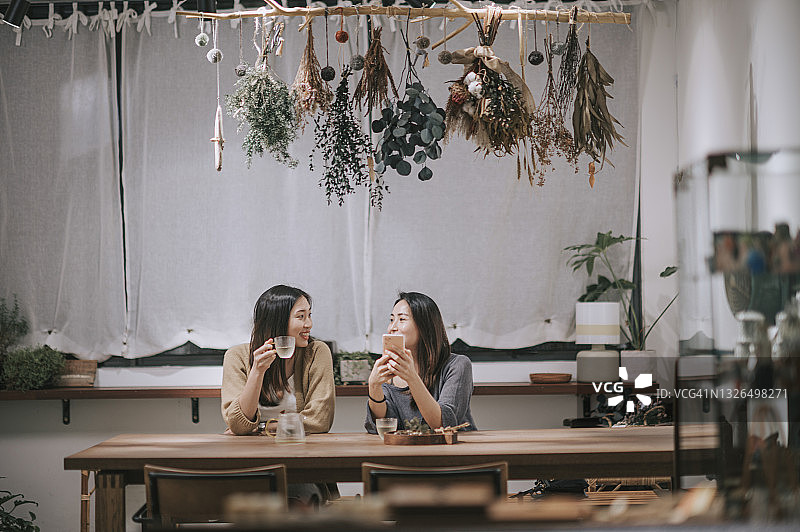 周末在咖啡馆里喝茶的两名中国女性朋友图片素材