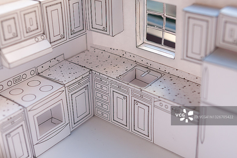 郊区厨房的纸模型图片素材