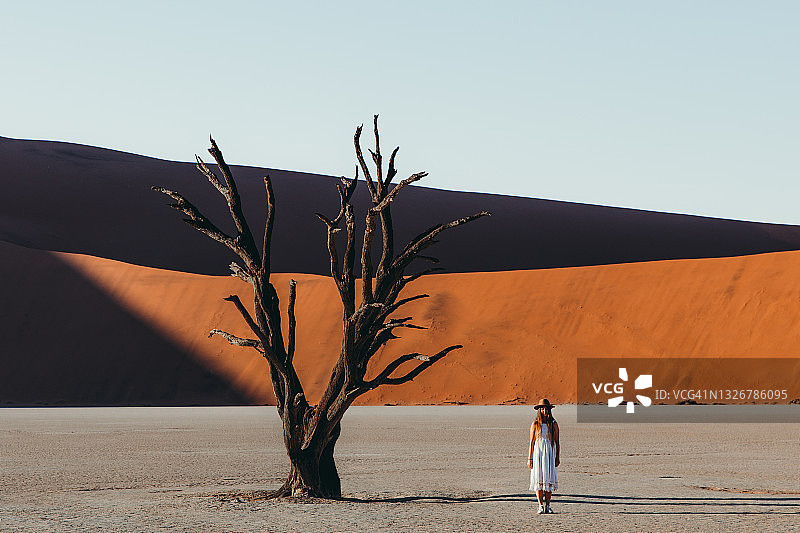 女游客在纳米比亚沙漠看日出图片素材
