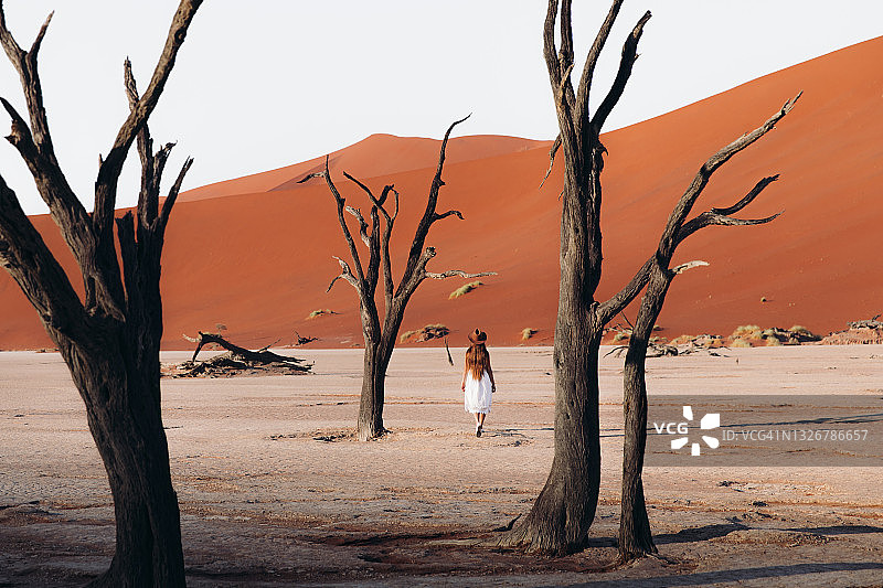 女游客在纳米比亚沙漠看日出图片素材