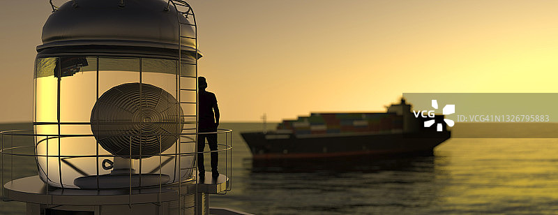 灯塔守护者日出时观望大型集装箱船3D渲染图片素材