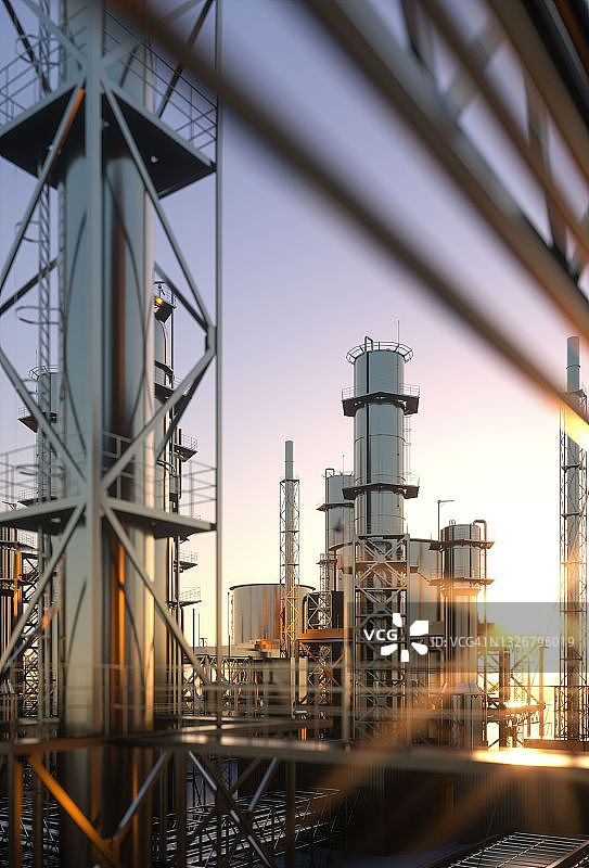 晴朗日出时的大型炼油厂3D渲染图片素材