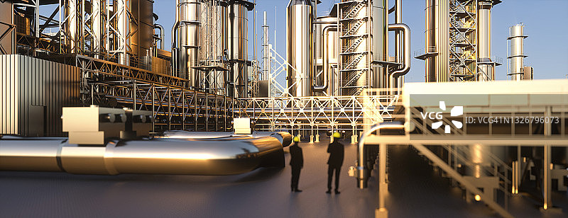 技术人员在日落时俯瞰炼油厂，管道和钢铁3D渲染图片素材