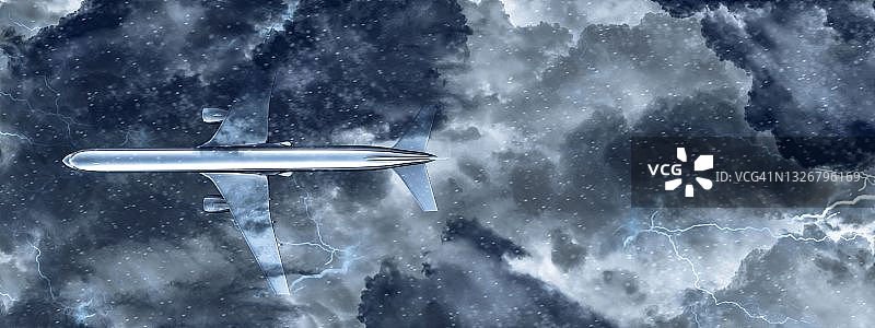 在危险雷暴中飞行的大型商用飞机3D渲染图片素材
