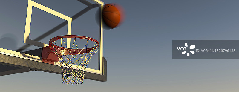 阳光下室外球场上运动的篮球射入篮筐3D渲染图片素材