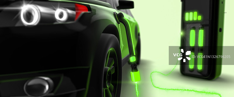 在充电站充电的现代电动绿色汽车3D渲染图片素材