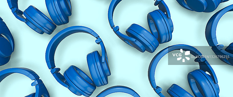 浅蓝色背景上的蓝色耳机图案3D渲染图片素材
