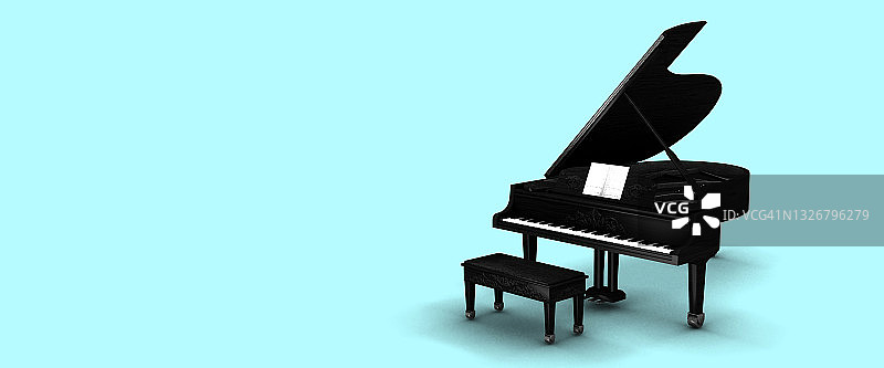 蓝绿色背景上的黑色三角钢琴3D渲染图片素材