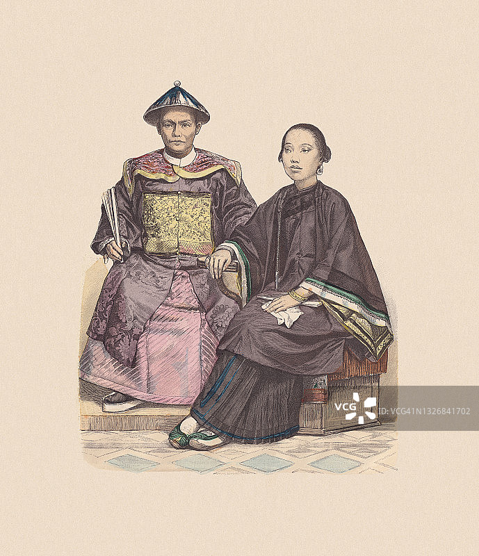 19世纪中国服饰手绘木刻画图片素材