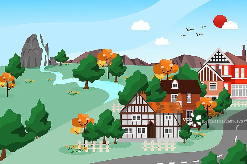 夏季阳光下自然山丘的小房屋图片素材