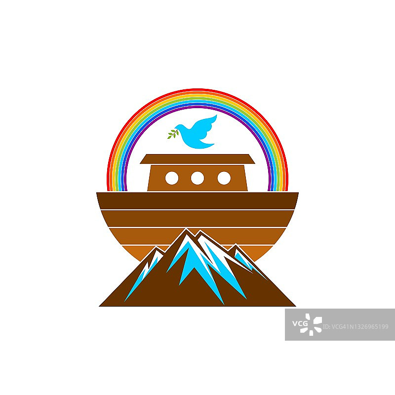 山顶的诺亚方舟与衔着橄榄枝的鸽子标志：圣经故事插画图片素材