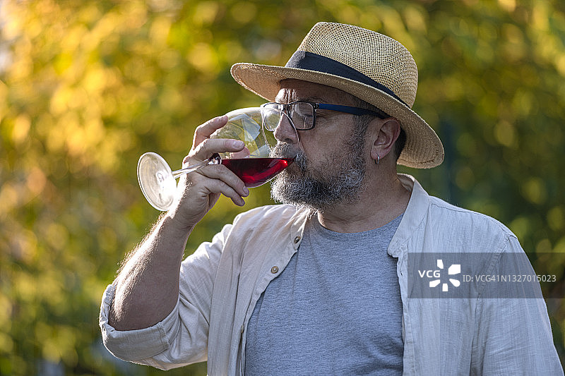 成熟的男人在葡萄园外面品尝葡萄酒图片素材