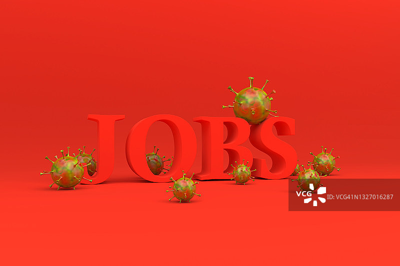与冠状病毒相关的职位，红色背景上的3D图像图片素材