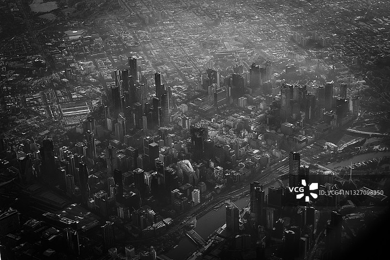 澳大利亚维多利亚州墨尔本中央商务区黑白航拍图图片素材