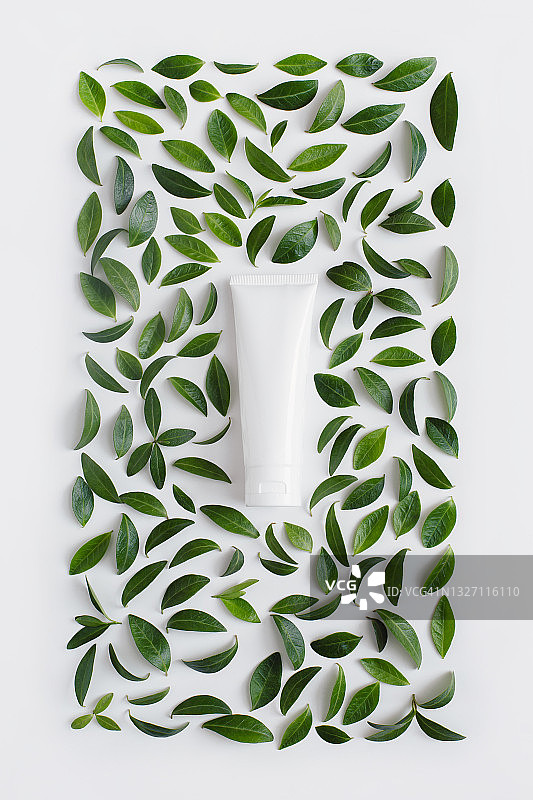 白色背景上带有面部保湿霜或洗面奶和绿叶的白色塑料软管。天然有机美容产品概念。平放，顶视图。图片素材