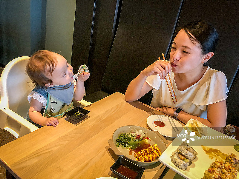 妈妈和宝宝一起享受美食图片素材