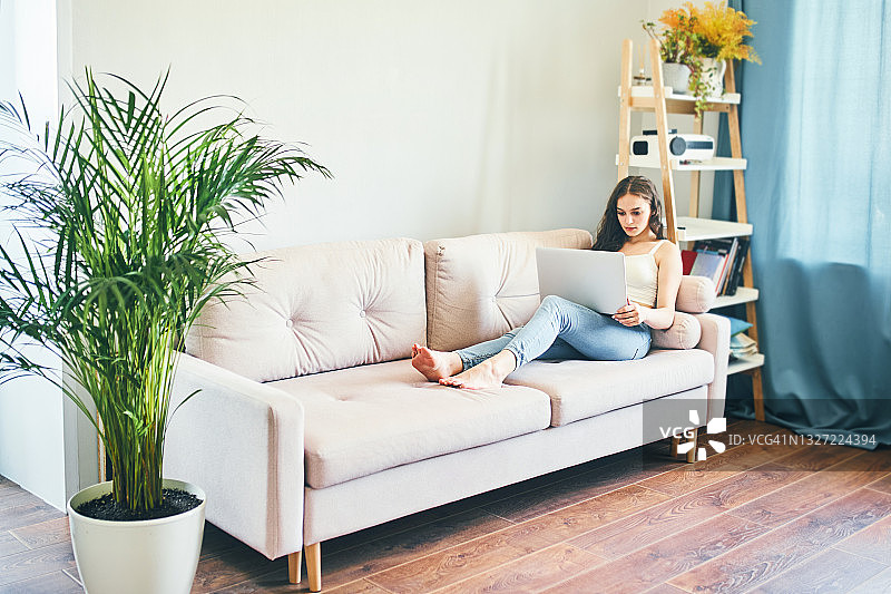年轻女孩在家沙发用笔记本电脑图片素材