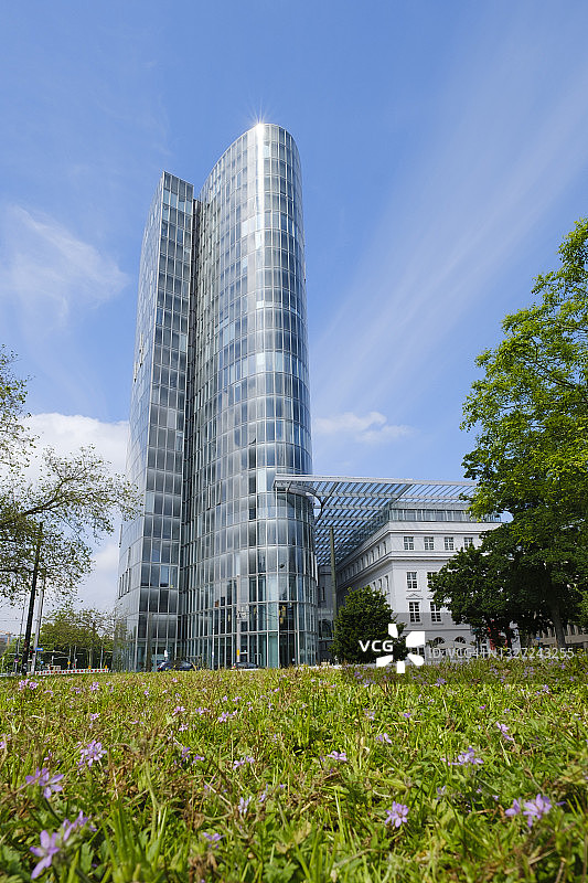 德国北莱茵-威斯特法伦州杜塞尔多夫现代办公摩天大楼前的野花图片素材