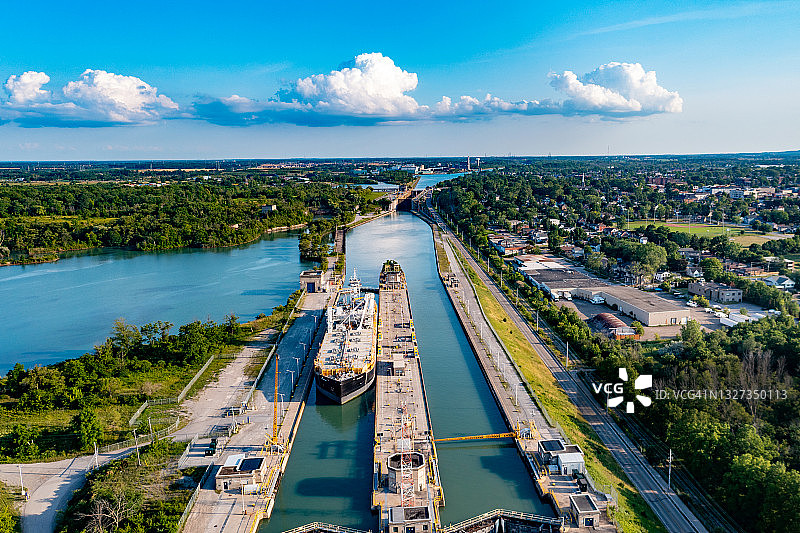 加拿大圣凯瑟琳斯韦兰运河和双飞行锁空景图片素材