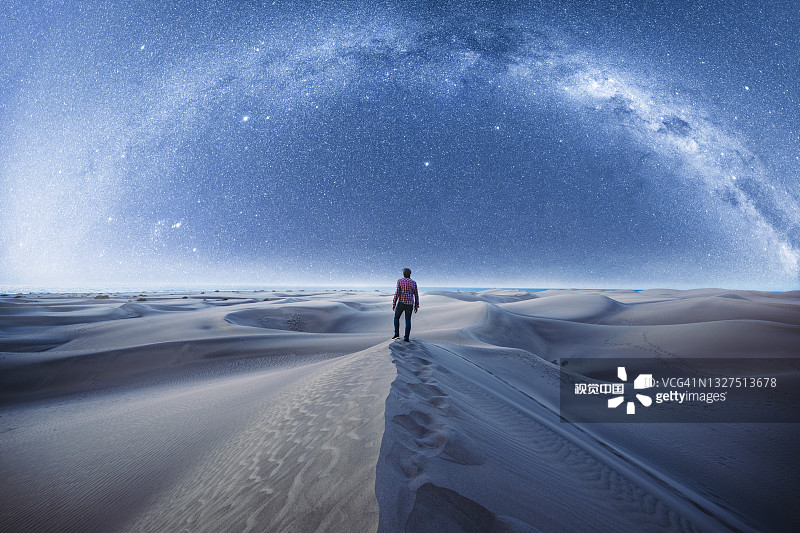 夜晚，男子在沙漠中银河下徒步图片素材