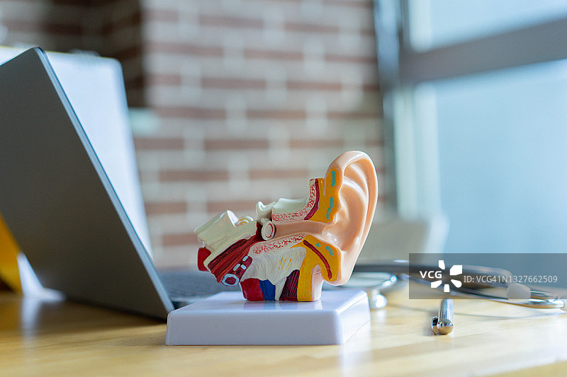 诊所桌子上的人耳解剖结构特写，关于鼓膜症状的治疗和康复概念图片素材