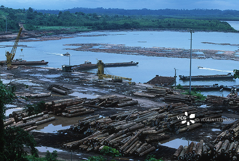 森林砍伐：气候变化，中非雨林的悲惨损失。原木在加蓬利伯维尔港等待出口图片素材