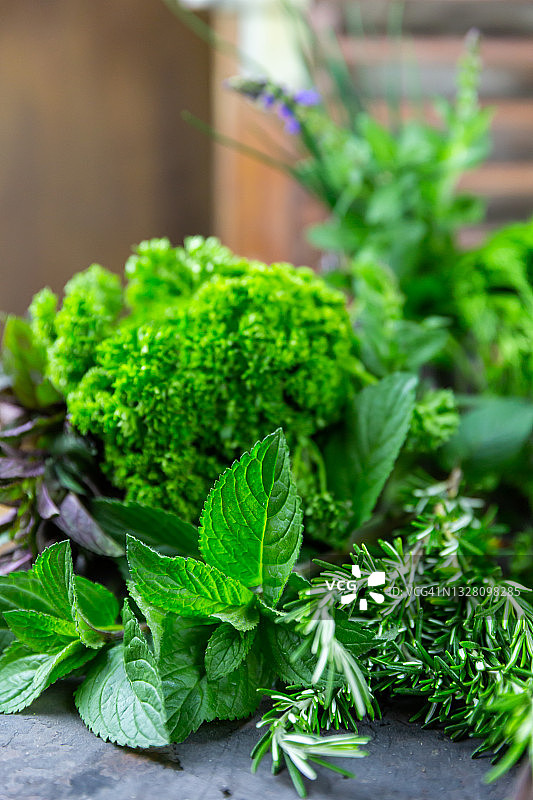 托盘上摆放的什锦新鲜绿色香草图片素材