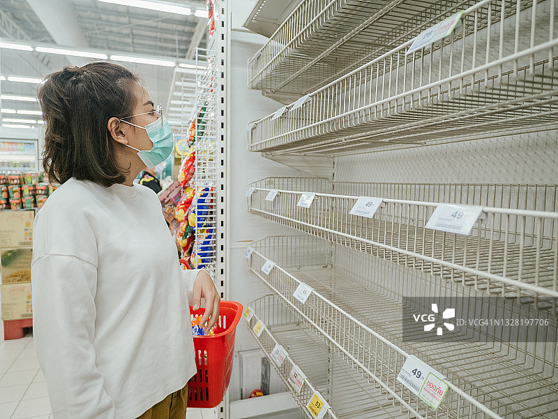 戴着医用口罩的年轻女子在空荡荡的货架旁购物图片素材