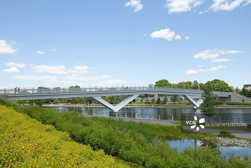 加拿大安大略省渥太华里多运河上的植物群人行桥图片素材