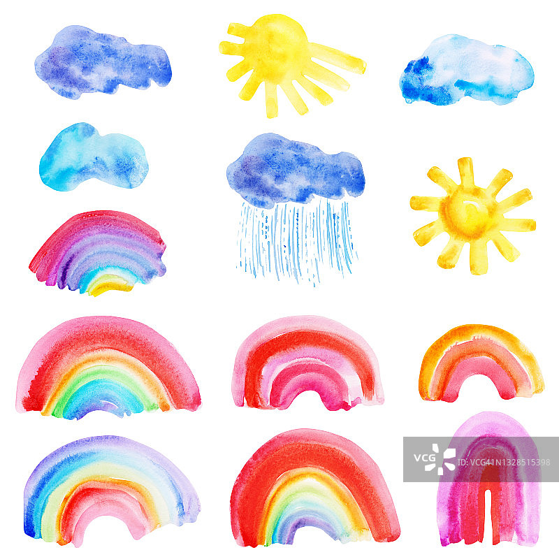 明亮色彩的水彩手绘抽象彩虹、太阳、云朵、雨图片素材