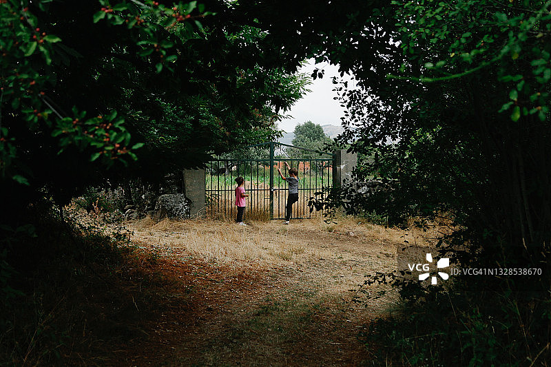 孩子们站在丘陵乡村的栅栏旁图片素材