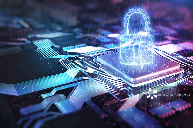在电子电路CPU上运行的安保挂锁图片素材