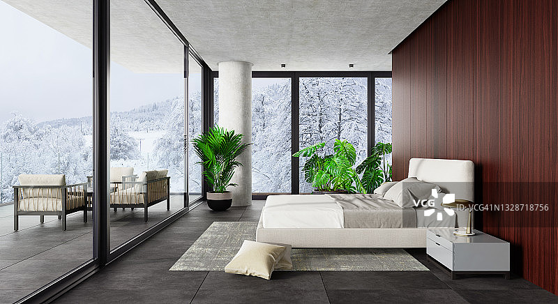带大窗户的豪华酒店现代卧室内部冬季山林景色图片素材