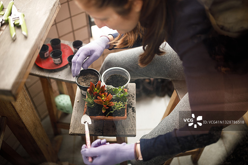 女人准备泥盆栽进行种植图片素材
