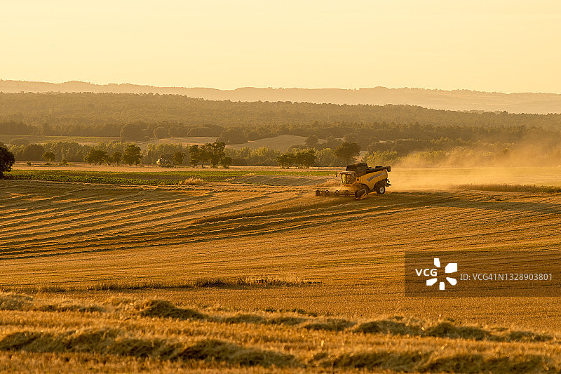 日落时分的收割大麦机图片素材
