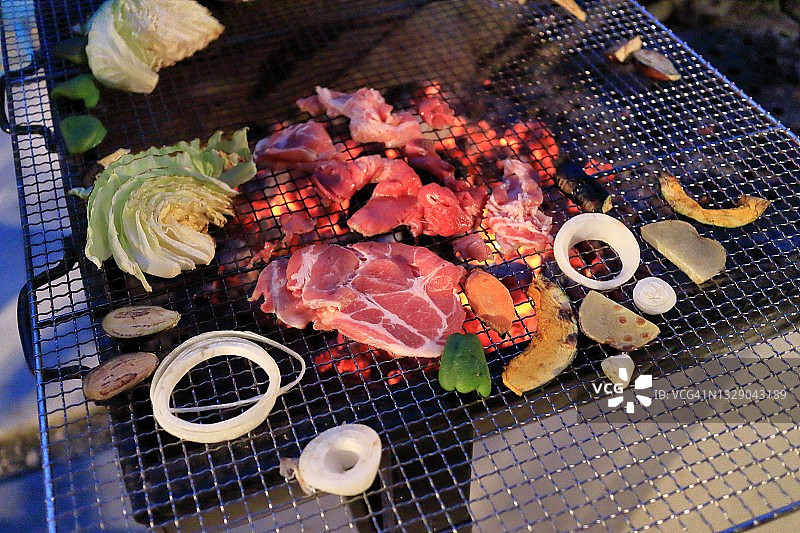夏令营期间金属栅格上用煤烧烤肉类和蔬菜图片素材
