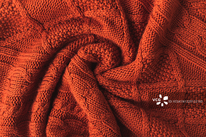 带褶皱的红棕色针织毛衣纹理，扁平风格，特写图片素材