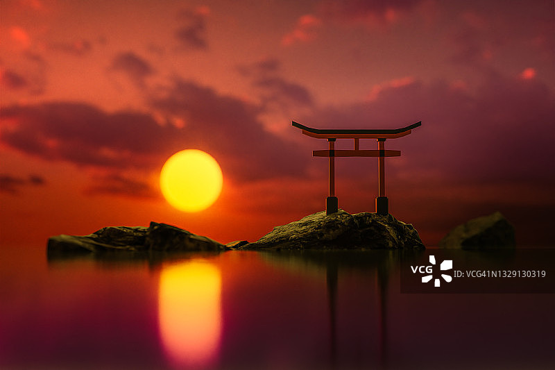 夕阳下的海中鸟居图片素材